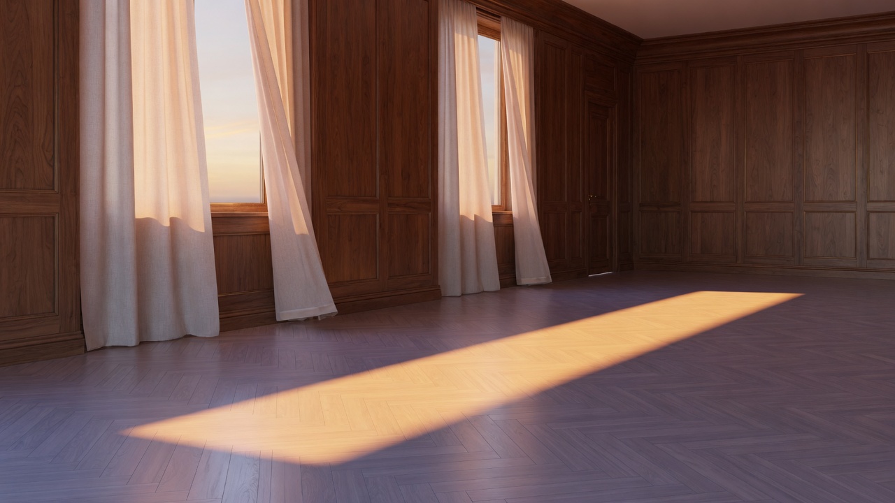 Sala vazia ao nascer do dia, luz dourada no assoalho de madeira
